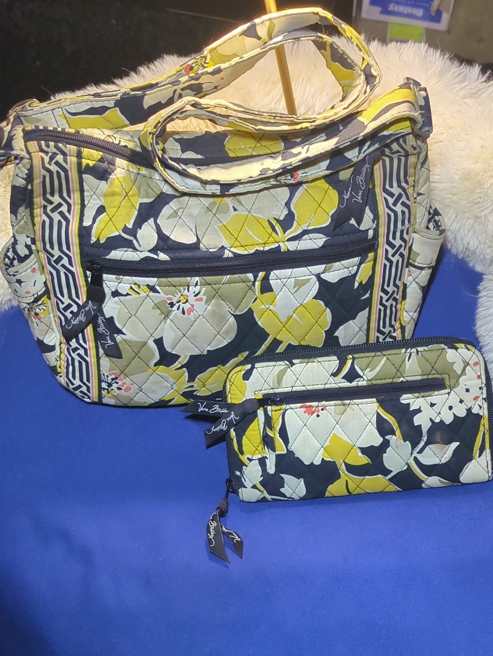 Vera Bradley Navy & Yellow Quilted Floral Tote w/Matching Wristlet NOW ONLY$40